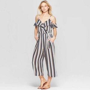 Xhilaration striped ruffle cold shoulder jumpsuit
